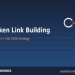 Broken link building free, guide featured image with broken chain link icon on SEO Inbounds branded background