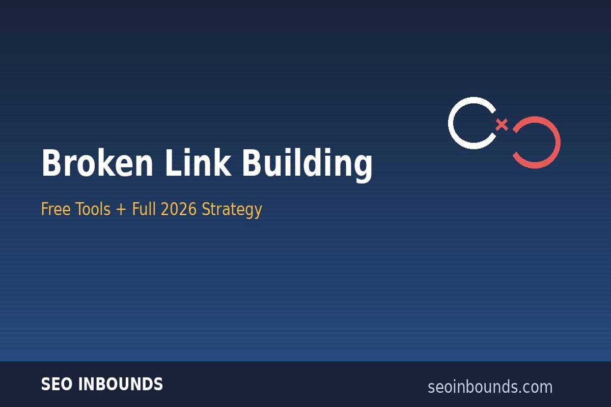 Broken link building free, guide featured image with broken chain link icon on SEO Inbounds branded background