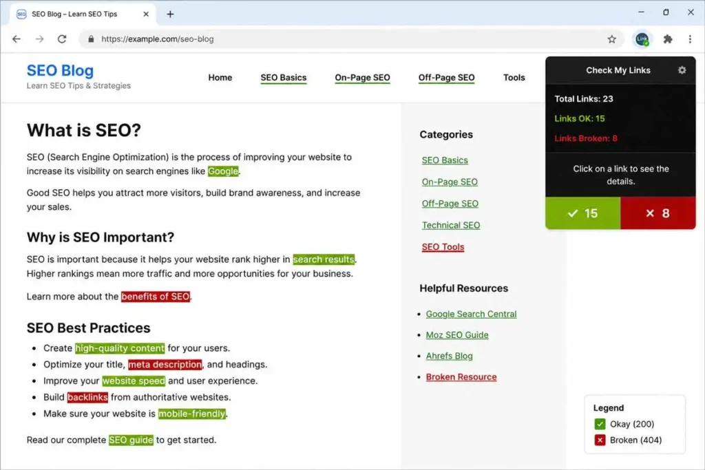 Check My Links Chrome extension highlighting broken links in red on a webpage Check My Links Chrome extension highlighting broken links in red on a webpage